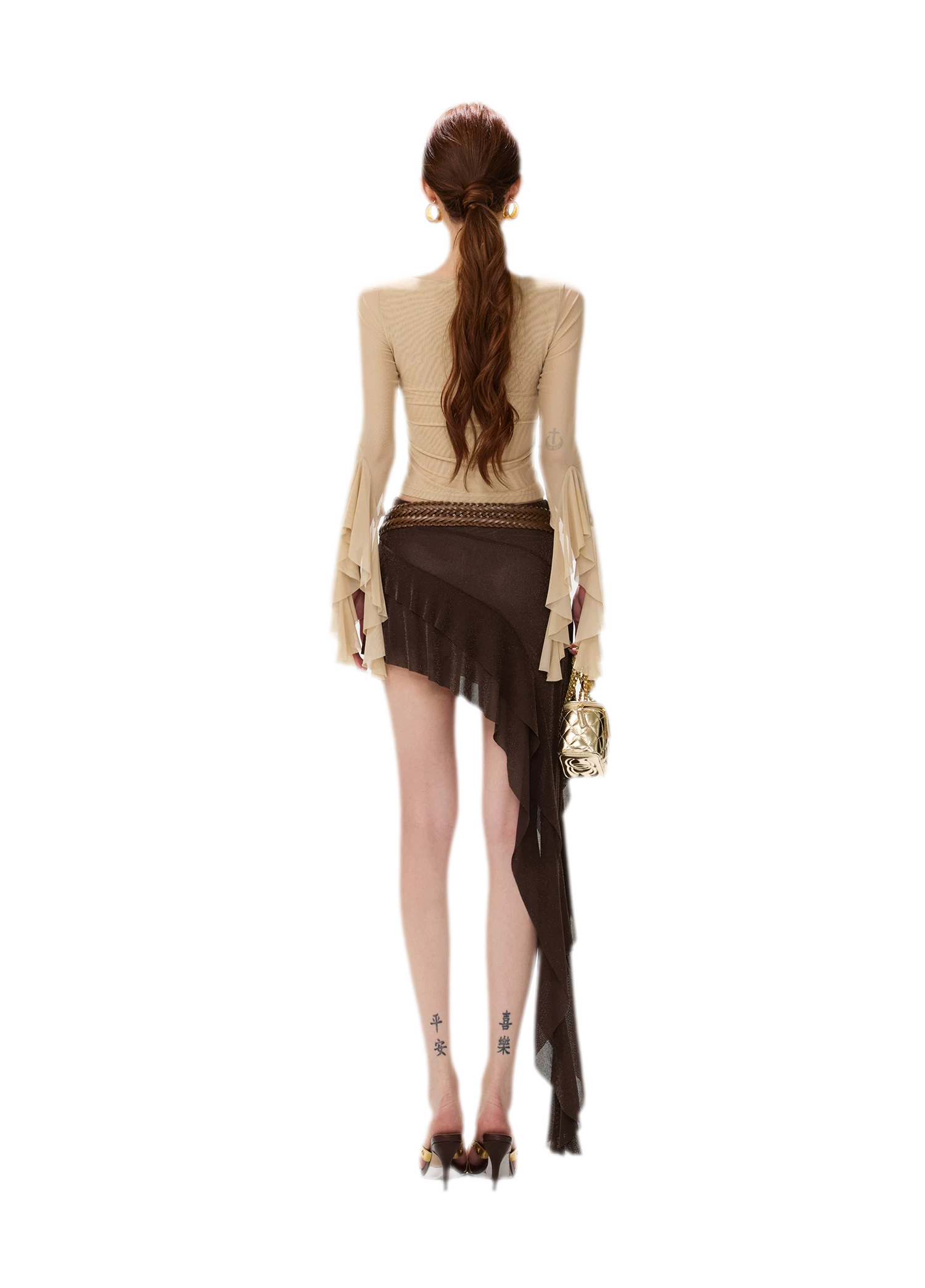 Ruched Mesh Boat-Neck Top