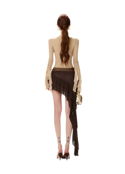 Ruched Mesh Boat-Neck Top