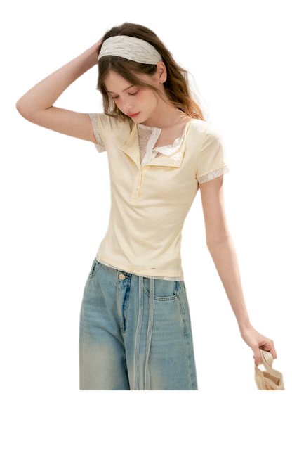 Double-Layer Collar Lace T-Shirt
