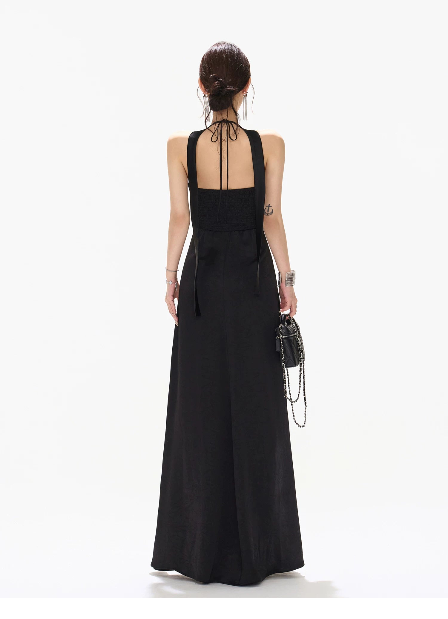 Mesh Lace Deep V Halter Dress with Satin