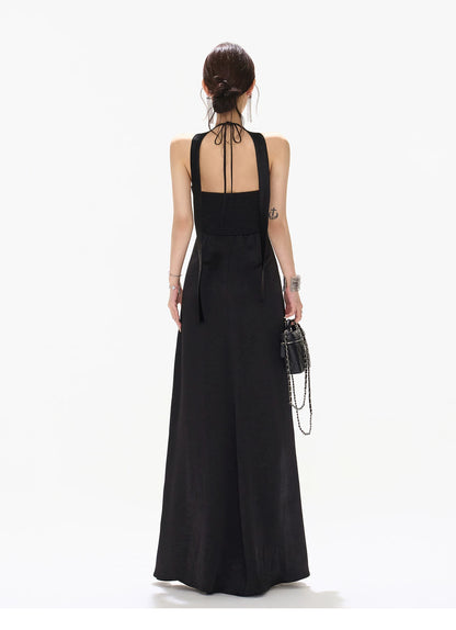 Mesh Lace Deep V Halter Dress with Satin