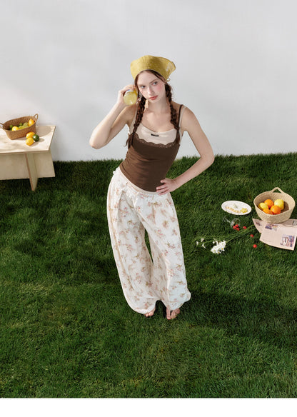 Lightweight Printed Wide-Leg Pants with Lace Waistband