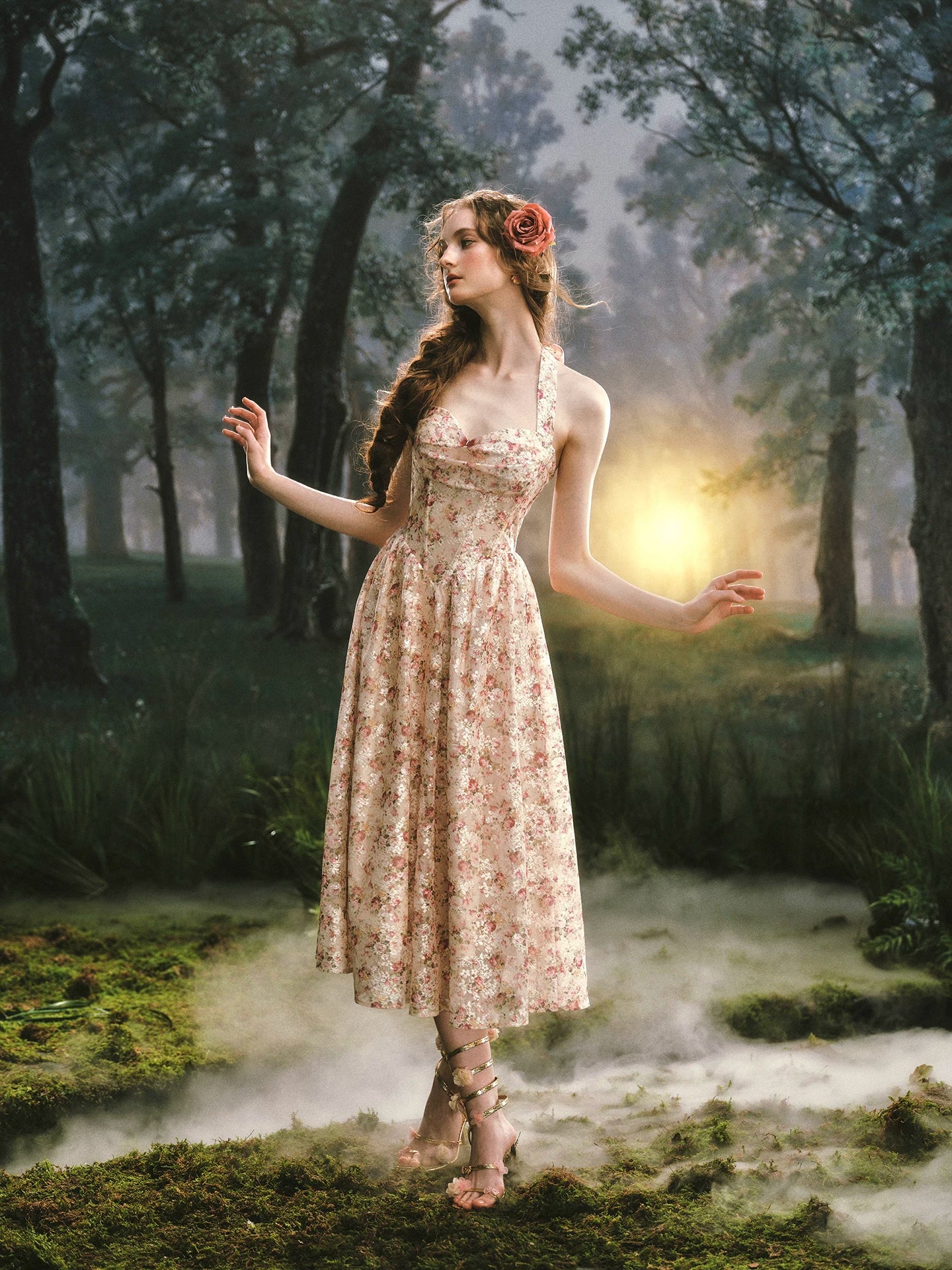 Forest Rose French Retro Floral Halter Long Dress