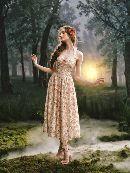 Forest Rose French Retro Floral Halter Long Dress