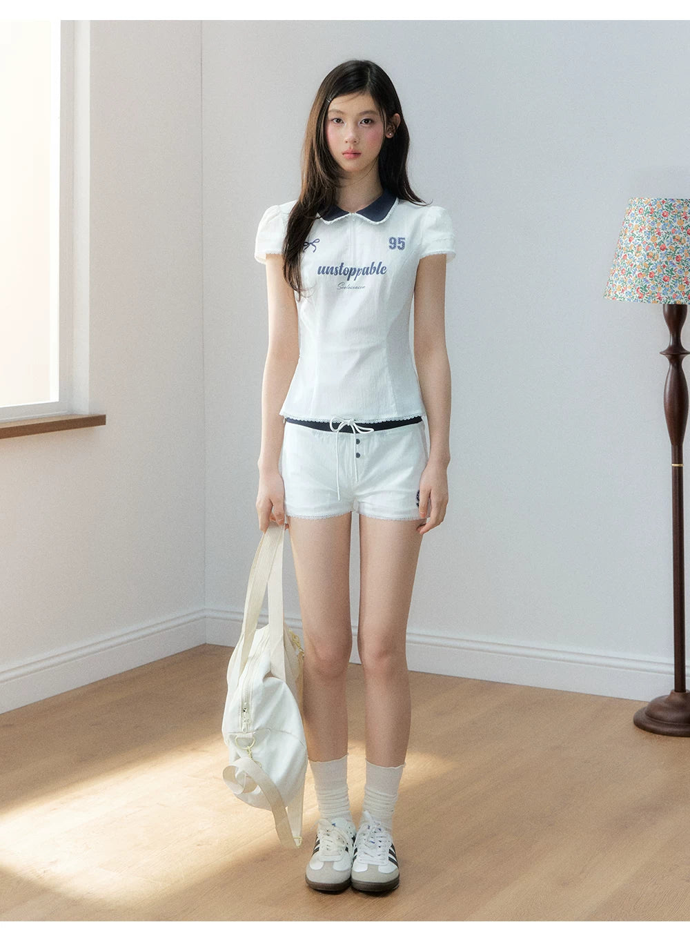 Korean Sporty Print Puff Sleeve Shirt &amp; Shorts
