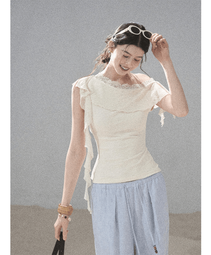 Lace One-Shoulder Crop Tee