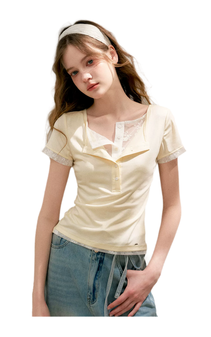 Double-Layer Collar Lace T-Shirt