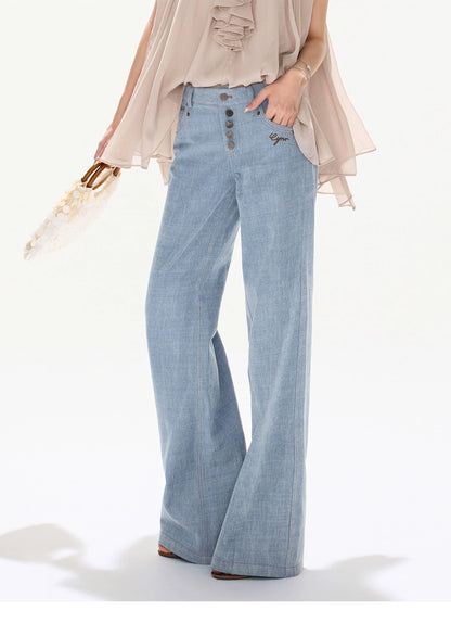 90s Vintage Washed Metal Button Wide-Leg Denim Pants
