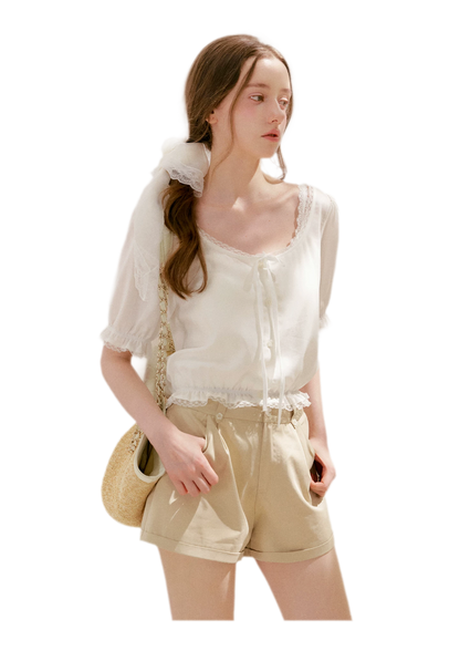 Lace Trim Puff Sleeve T-Shirt