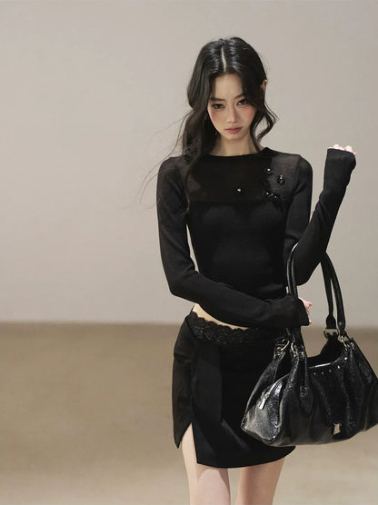 Sheer Cropped Long-Sleeve Top