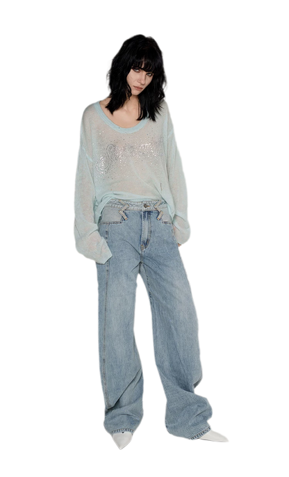 Pullover in mohair effetto consumato con strass