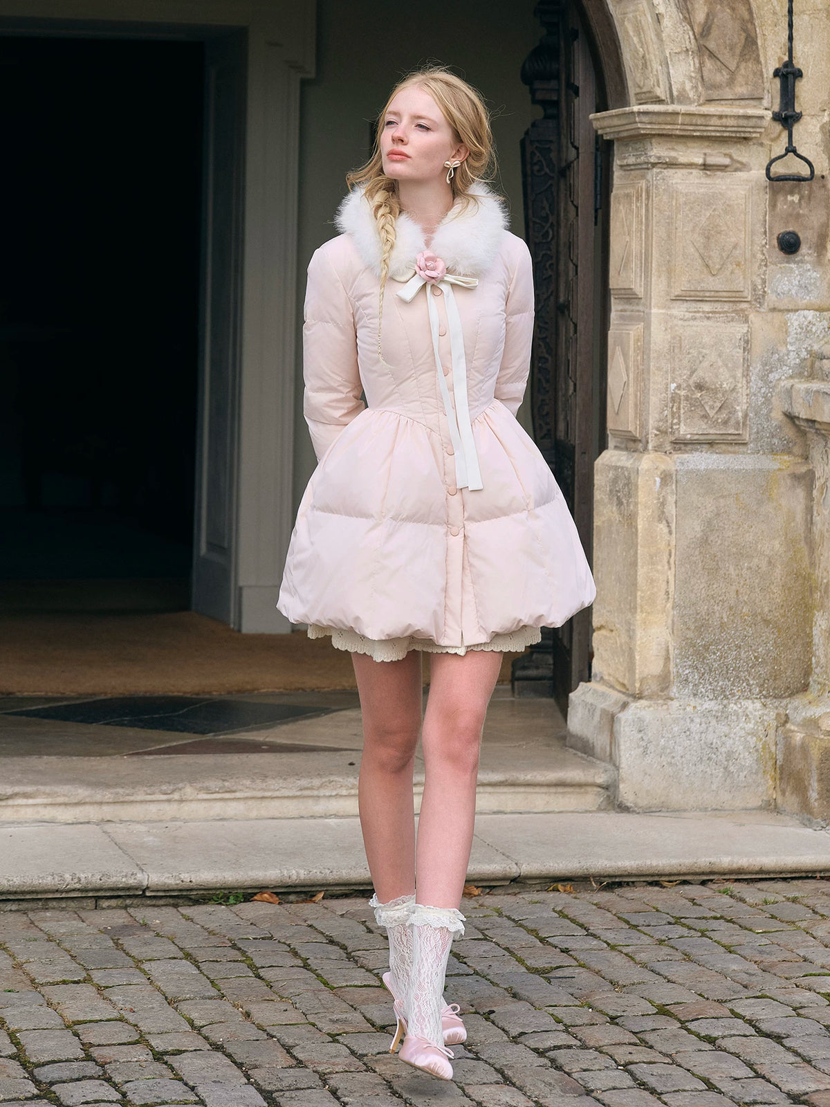 Satin Bow Fitted Down Coat — Load image 6 in gallery view