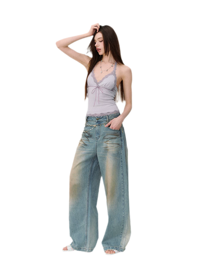 Denim Halter Top and Wide-Leg Jeans Set