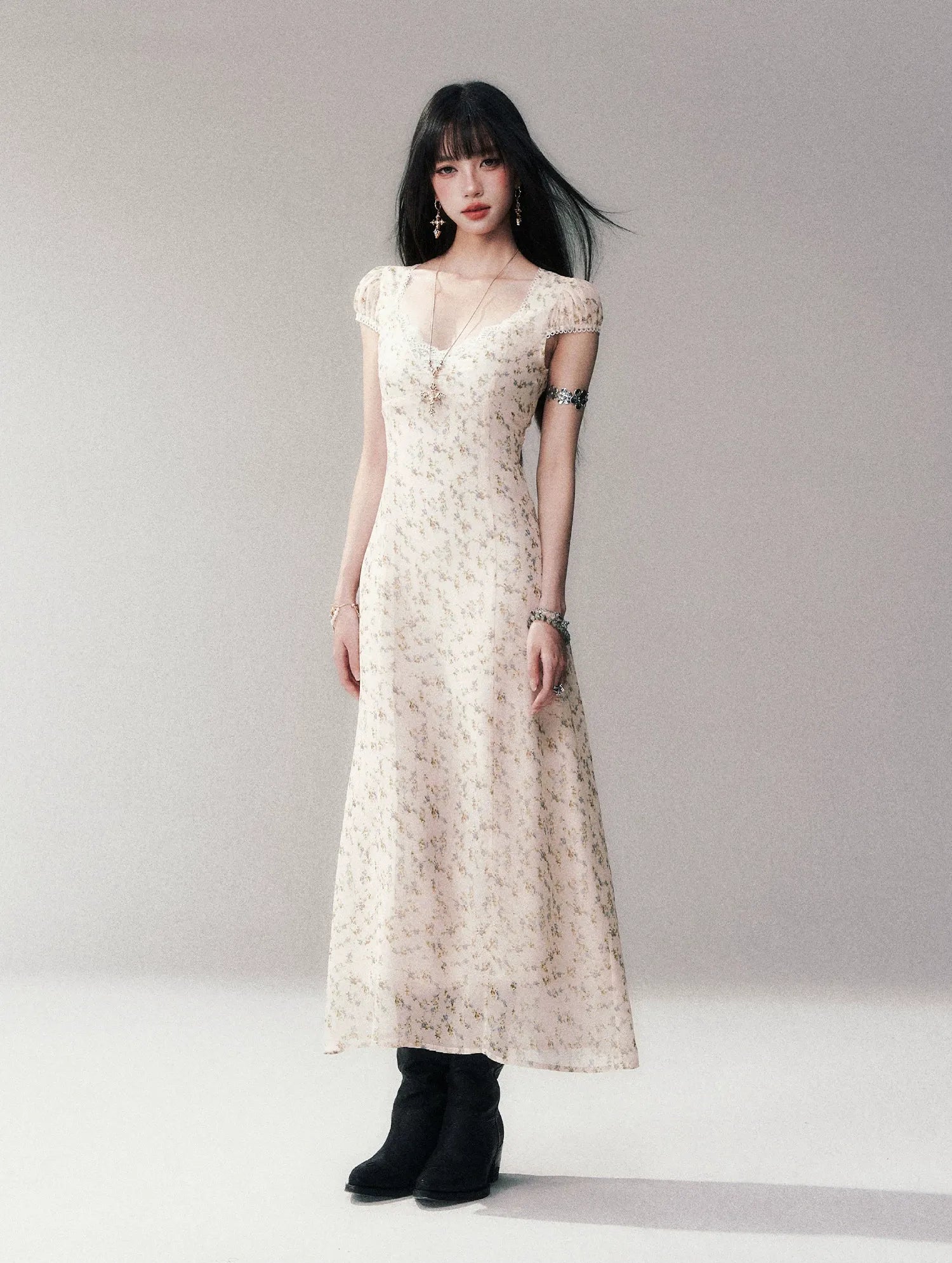 Lace V-Neck Long Dress