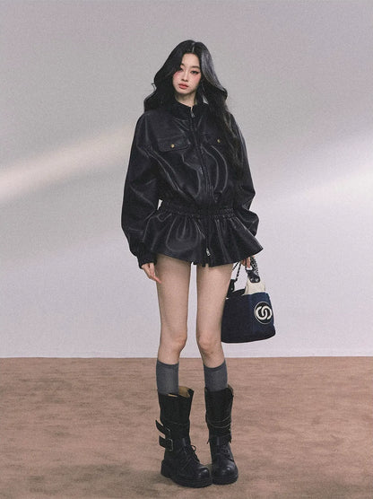 Faux Leather Stand Collar Jacket