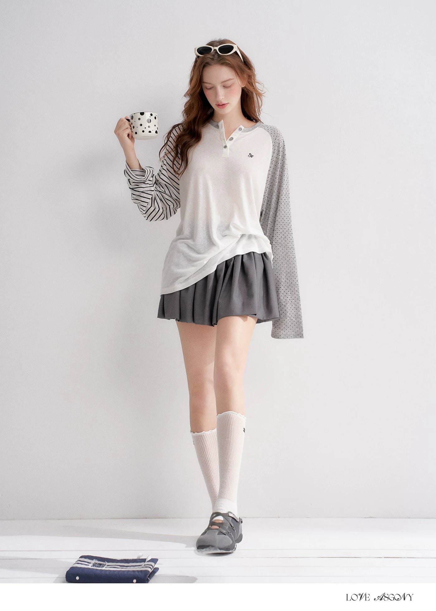 Striped Polka Dot Raglan Sleeve Long Sleeve Pullover