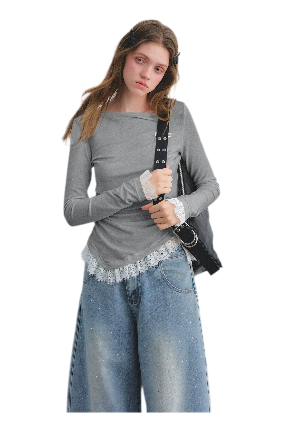 Lace Panel Ruched Hem Top