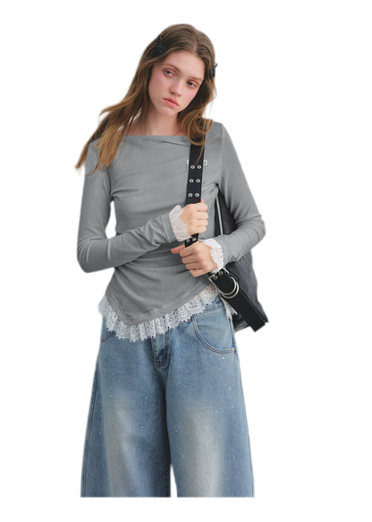 Lace Panel Ruched Hem Top