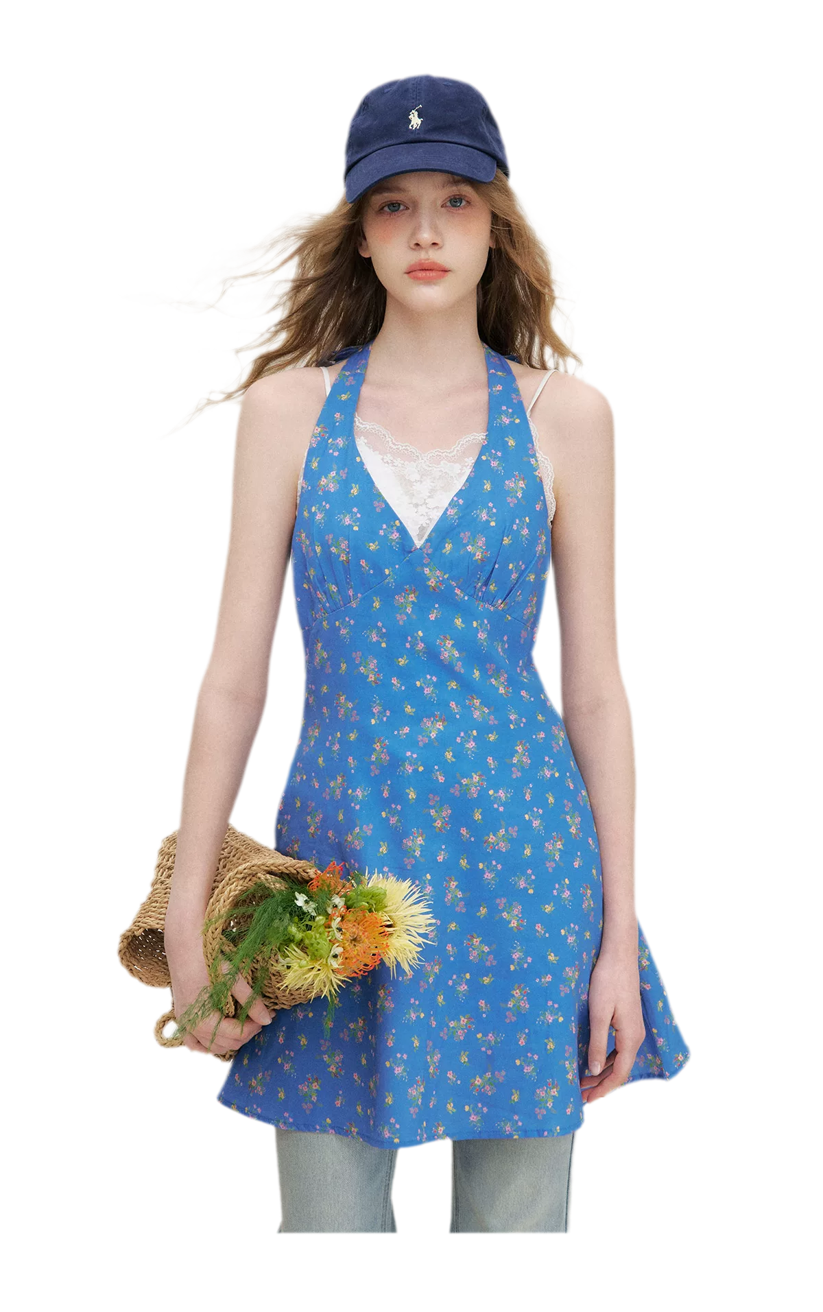 Romantic French Halter V-neck Floral Dress