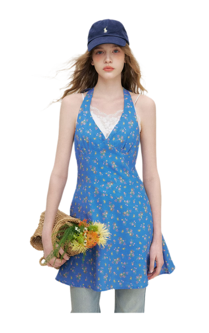 Romantic French Halter V-neck Floral Dress