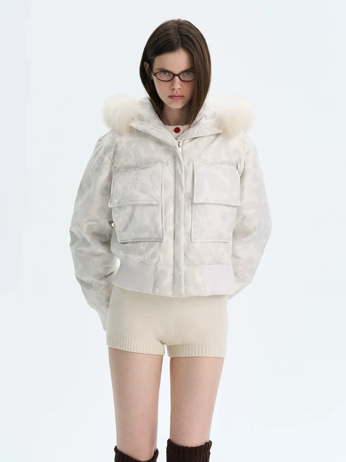 Printed Cropped Hooded Down Jacket