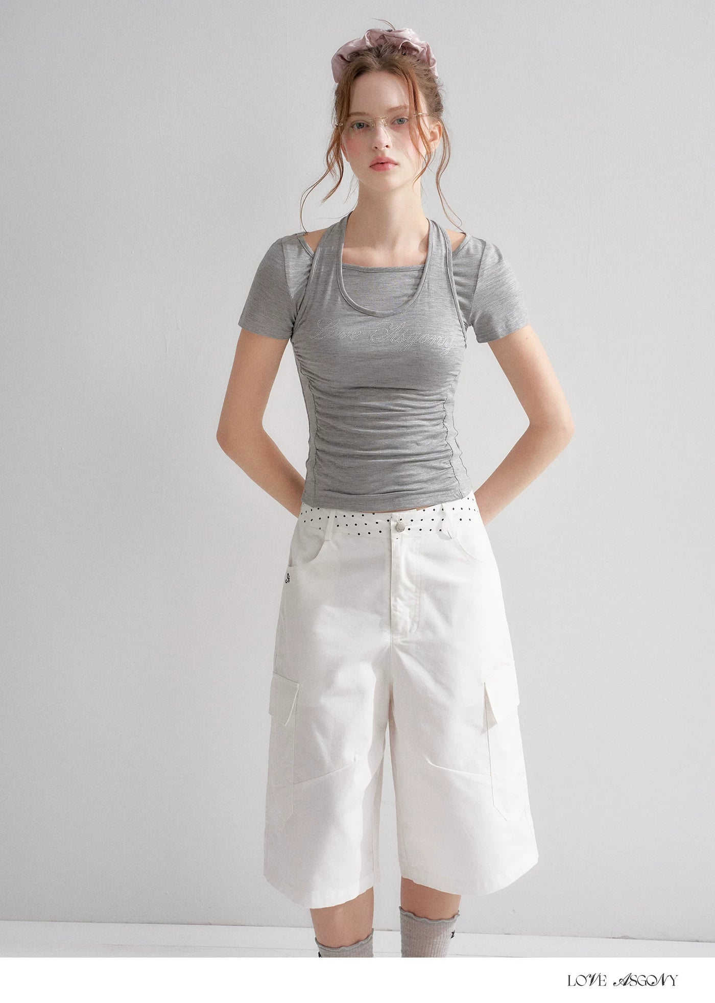 Lyocell Rhinestone Pleated Short Sleeve T-Shirt