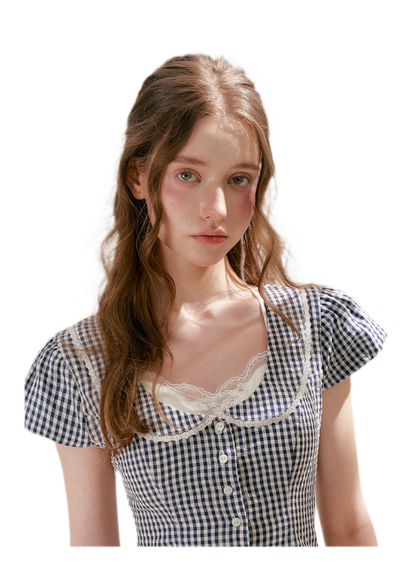Tencel Cotton Lace Vintage Plaid Short Sleeve Dress