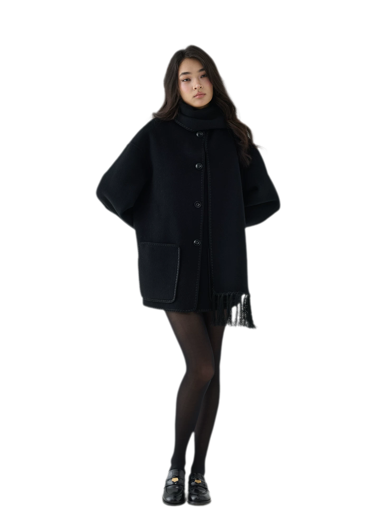 Double-Faced Wool Fringe Cape Coat