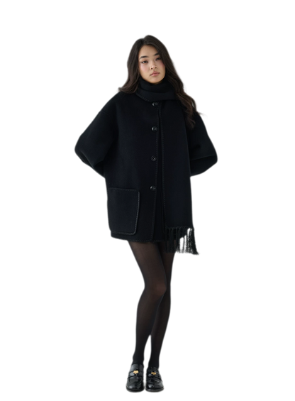 Double-Faced Wool Fringe Cape Coat