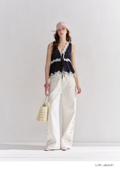 V-Neck Lace Polka Dot Waist-Defined Sleeveless Top