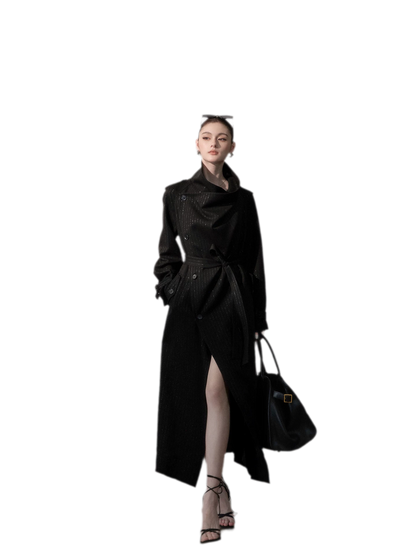 Silver-Thread Striped Long Trench Coat