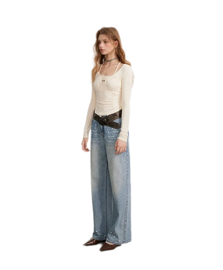 Ruching Lace Trim Long-Sleeve Top