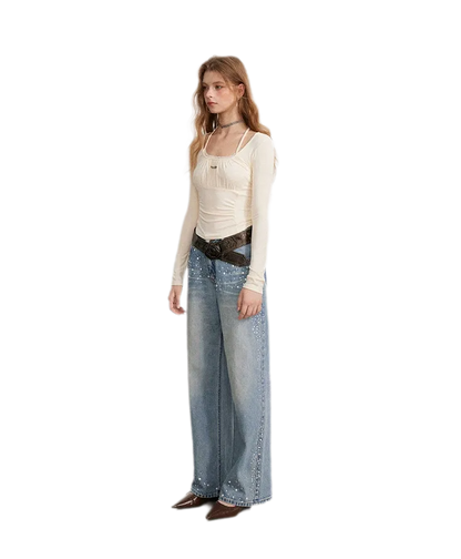 Ruching Lace Trim Long-Sleeve Top