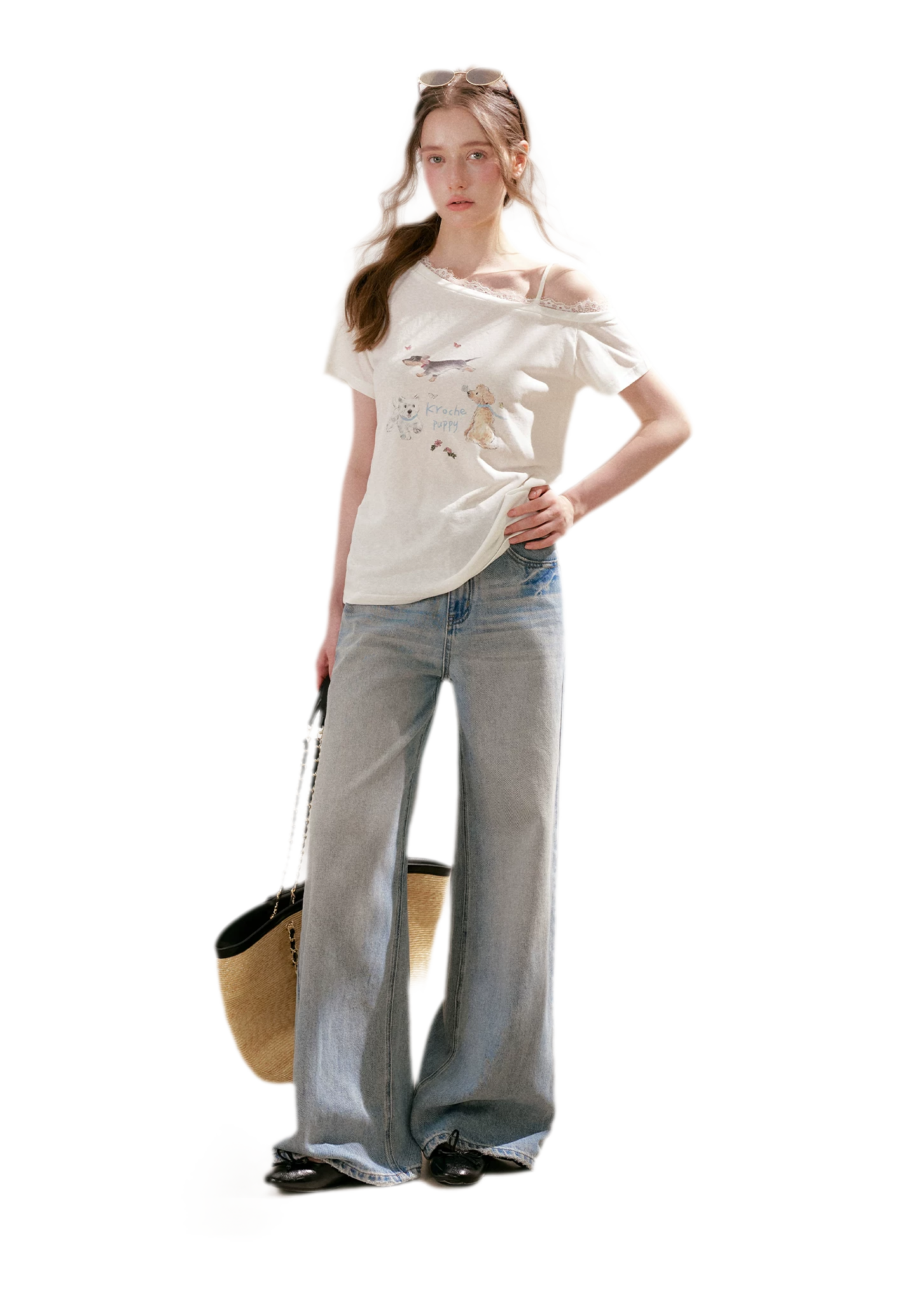 Tencel Cotton French Lace Puppy Print Asymmetric T-Shirt