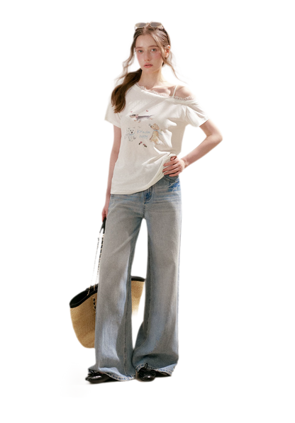 Tencel Cotton French Lace Puppy Print Asymmetric T-Shirt