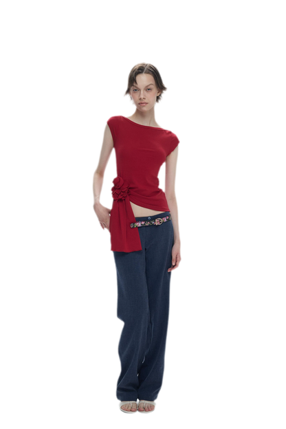 Asymmetric Flower Short Sleeve Top
