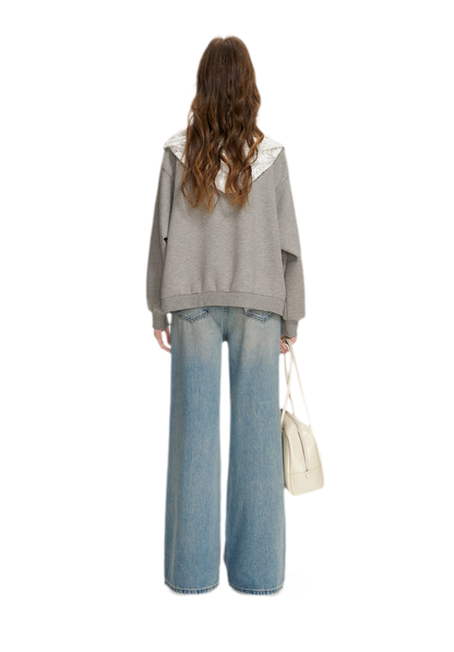 Lace-Trimmed Wide-Leg Denim Pants