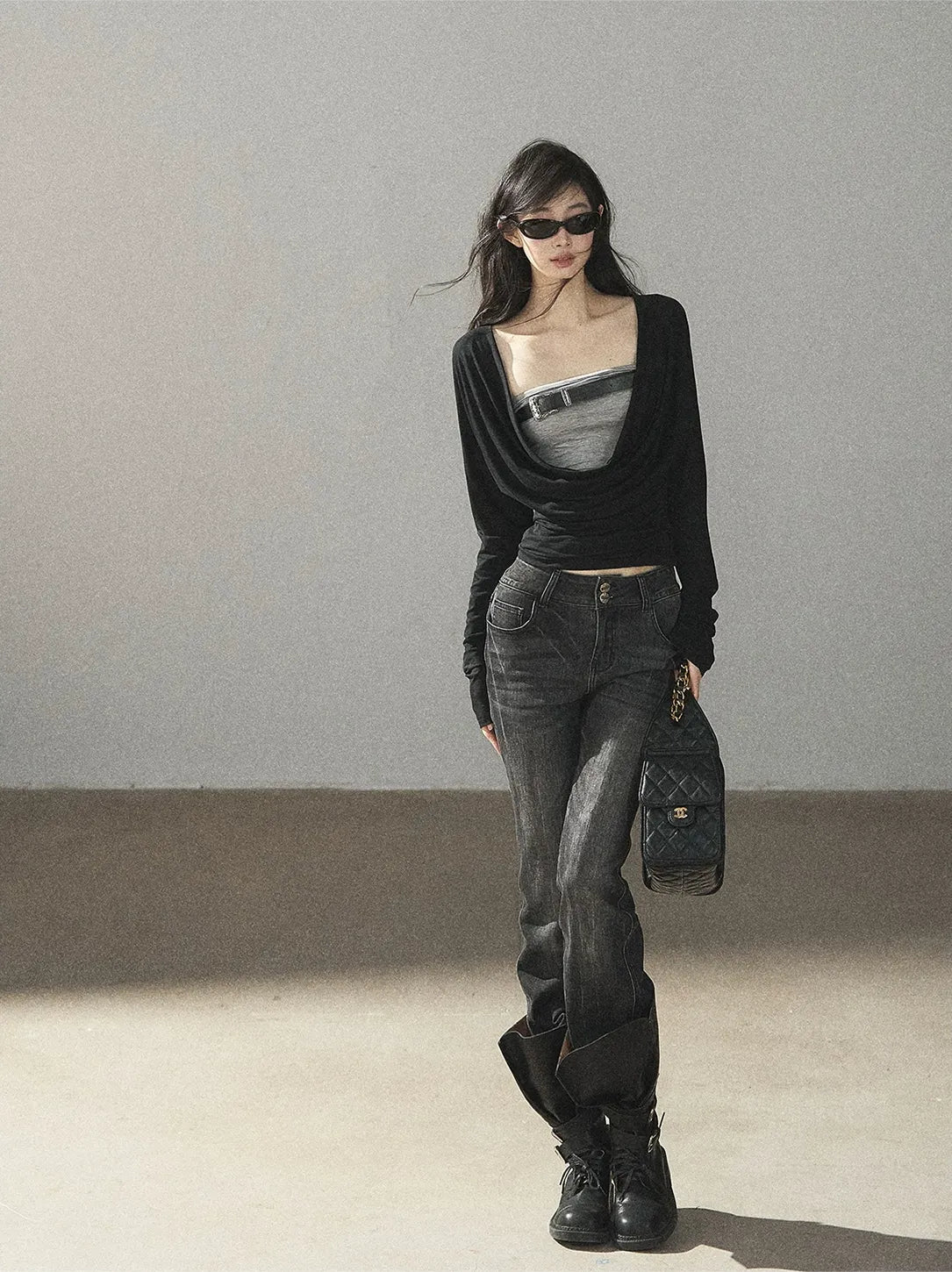 Draped Cowl Double-Layer Top