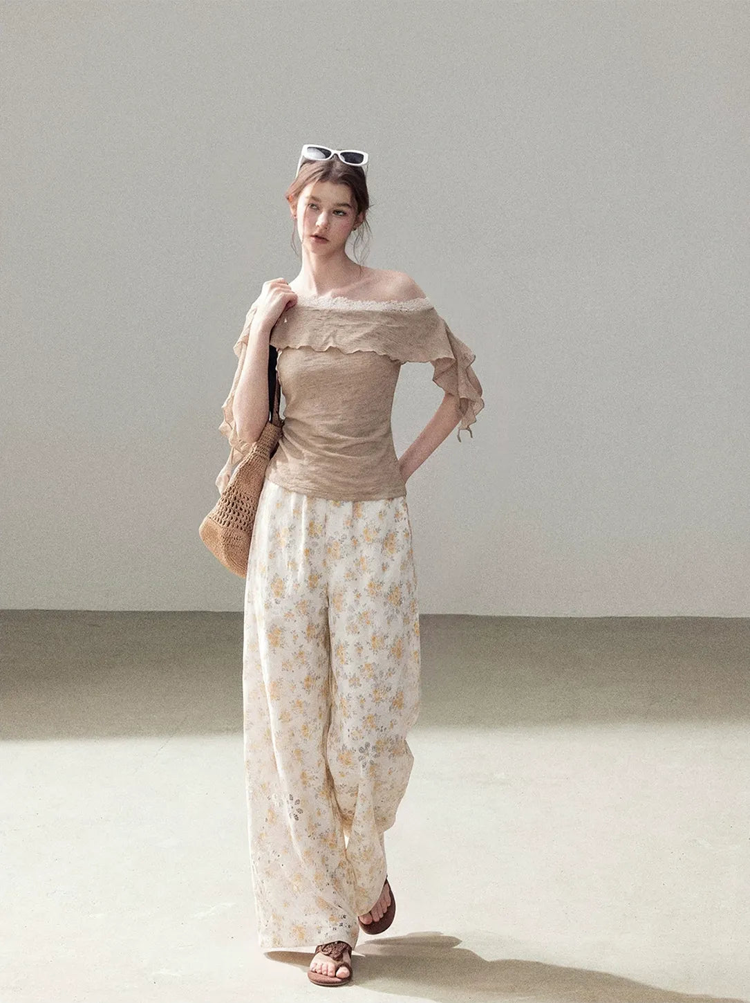 Laser-Cut Floral Wide-Leg Pants