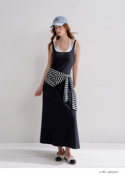 Contrast Color U-Neck Halter Knit Long Dress