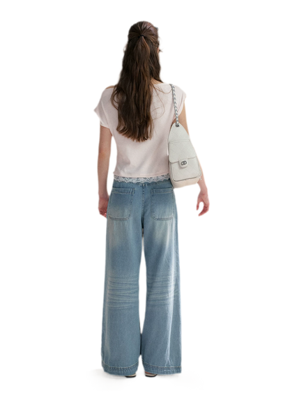 Lace Trim Asymmetric Short Sleeve T-Shirt