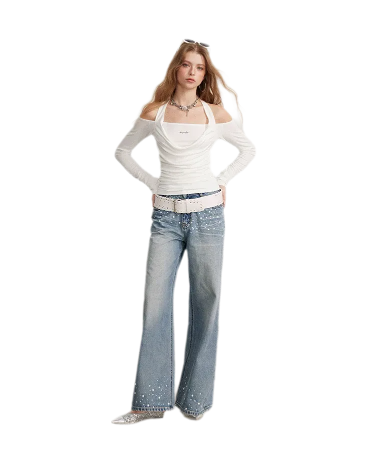 Rhinestone Pearl Wide-Leg Jeans