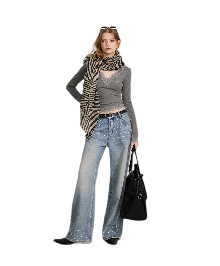蕾丝拼接修身长袖T恤