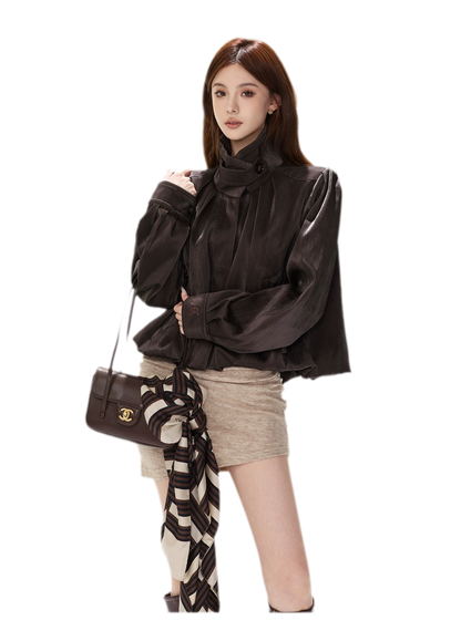 Veste courte froncée en cuir PU