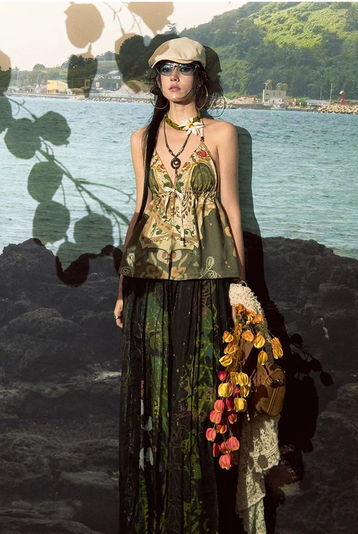 She Island Bohemian Halter Tie-Back Printed Crop Top