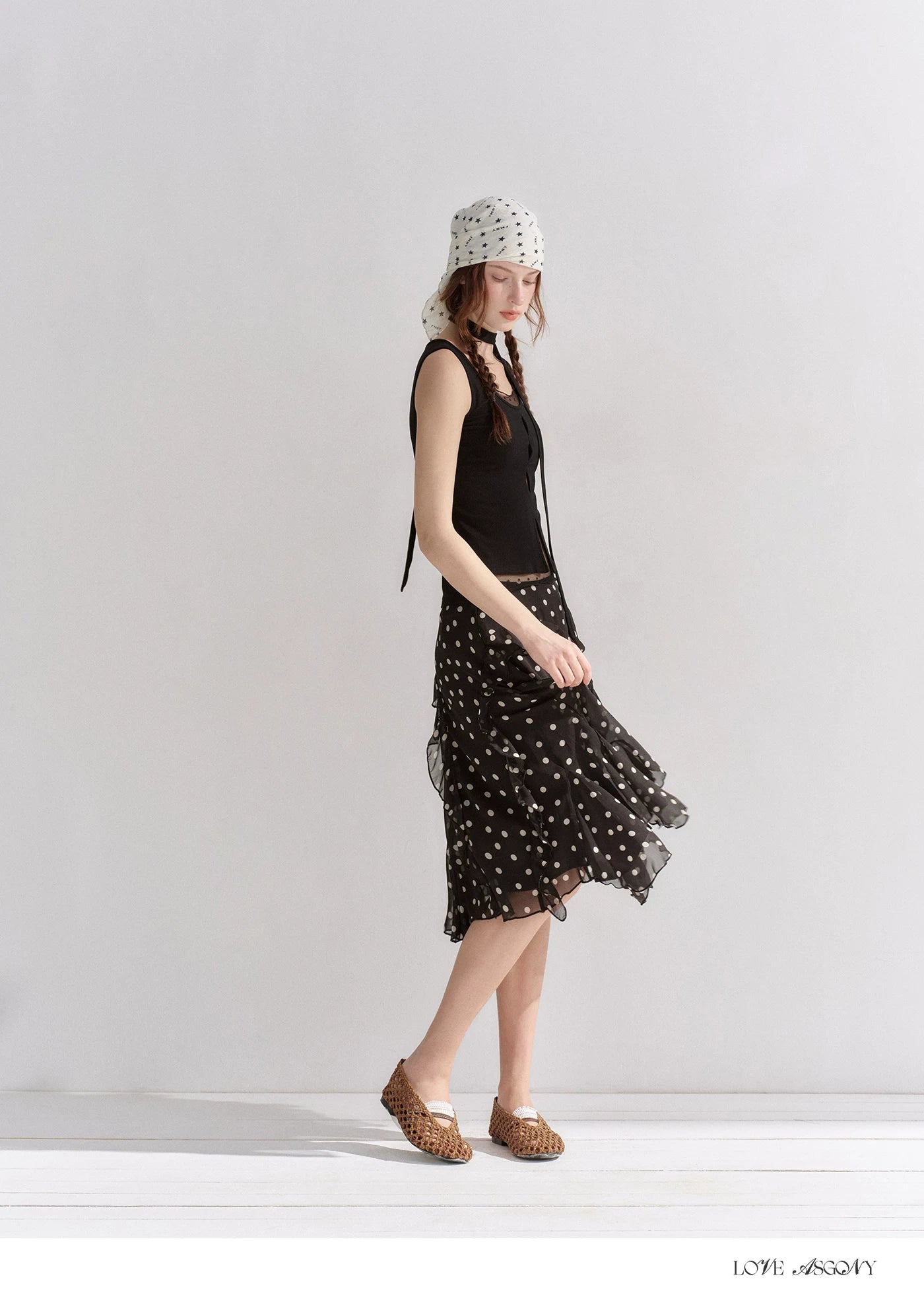 Ribbed Elastic Dot Mesh Sleeveless Top