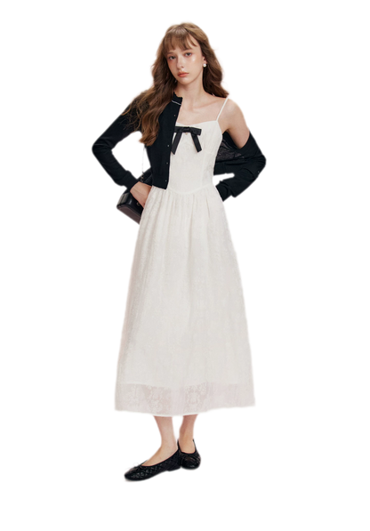 Flocked Bow Contrast Dress