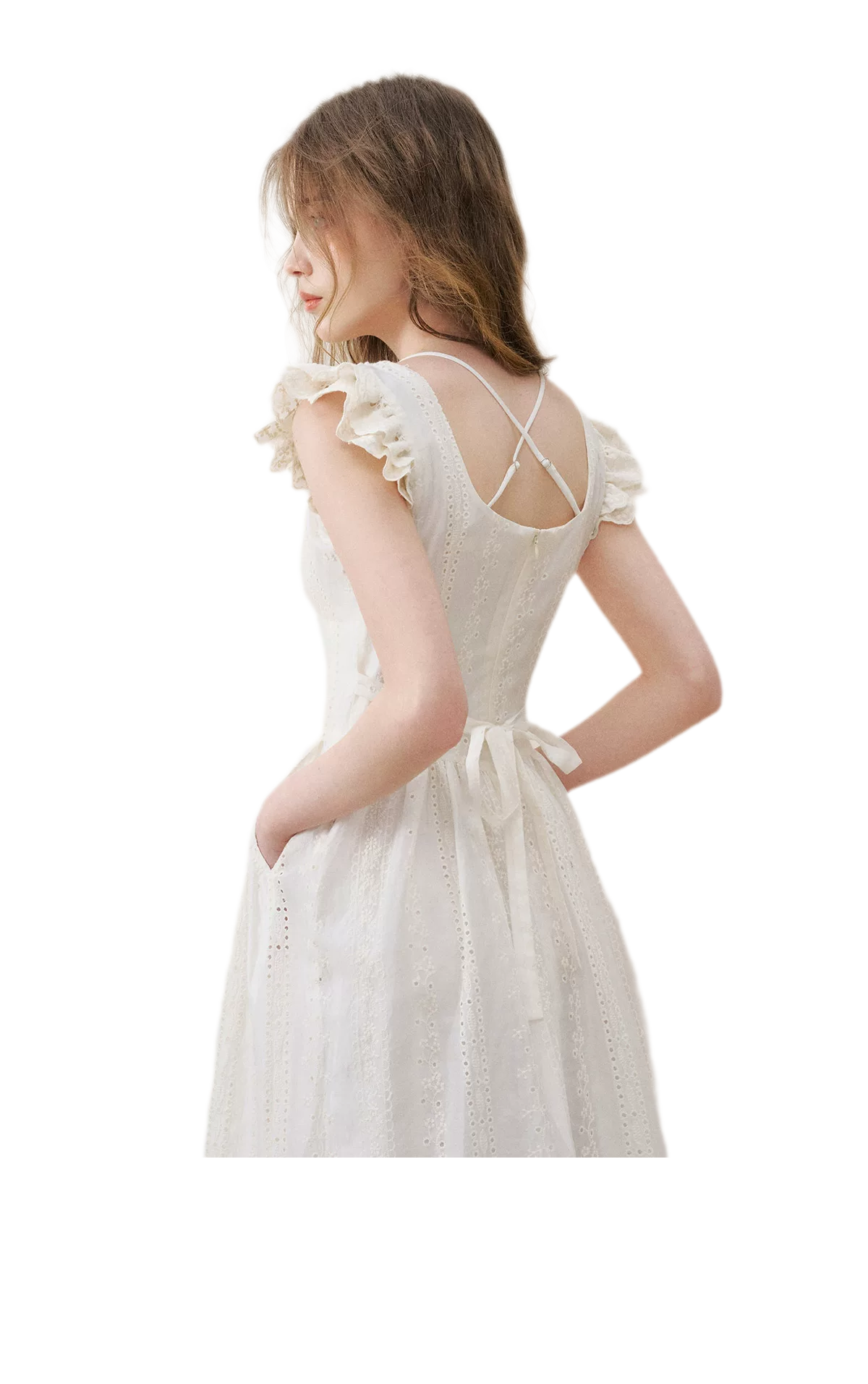 Embroidered Flutter Sleeve Dress