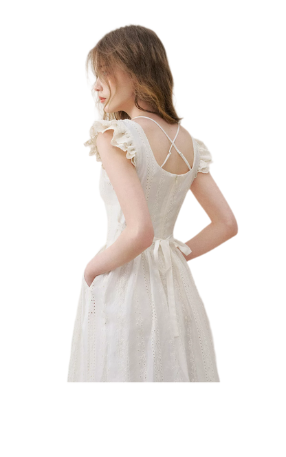 Embroidered Flutter Sleeve Dress