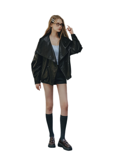 Faux-Leather Oversized Double-Breasted Jacket